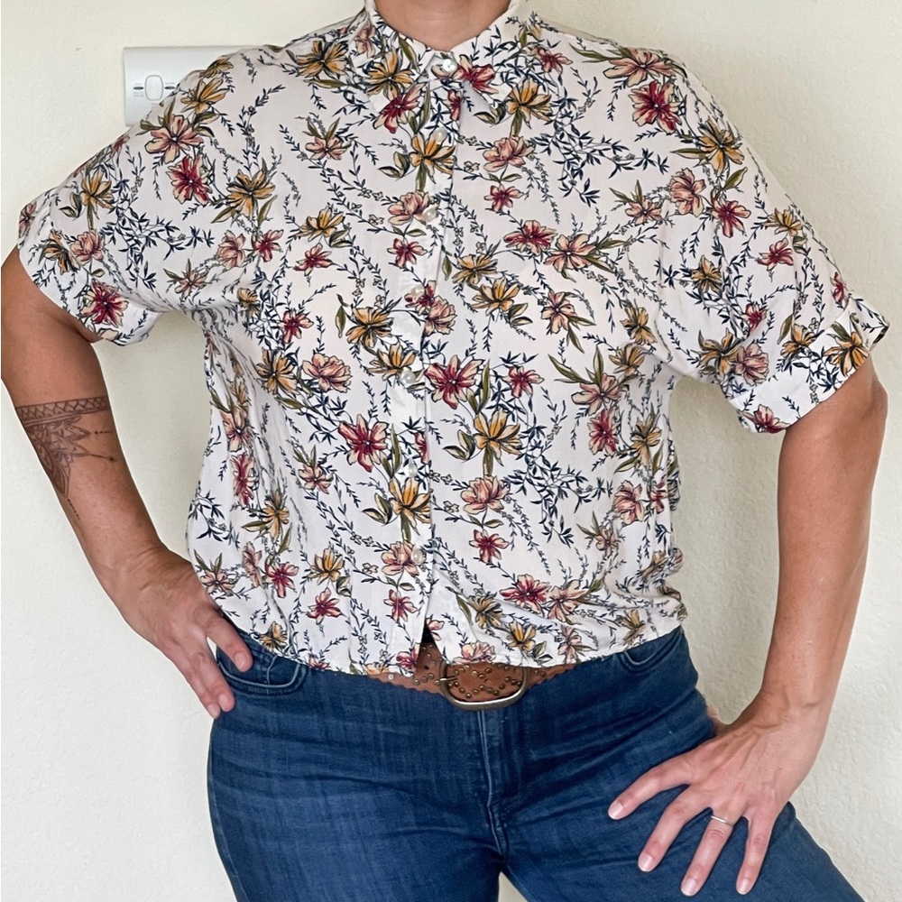 Cream and Green Floral Button Down Shirt